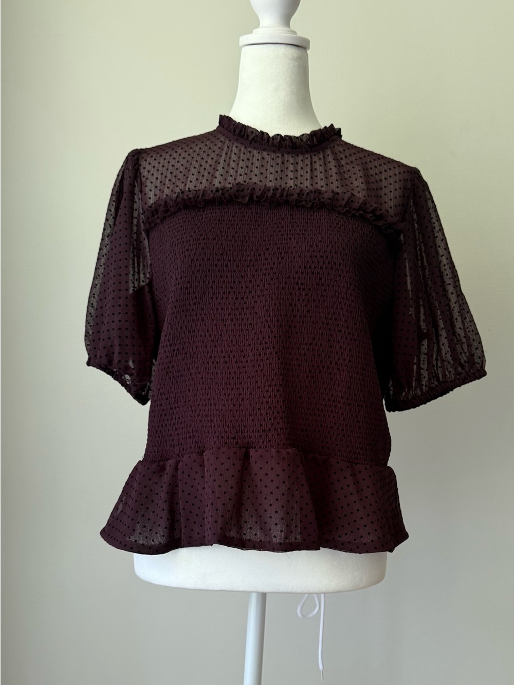 Express XL Burgundy Swiss Dot Smocked Peplum Blouse Sheer Puff Sleeve Top NWT